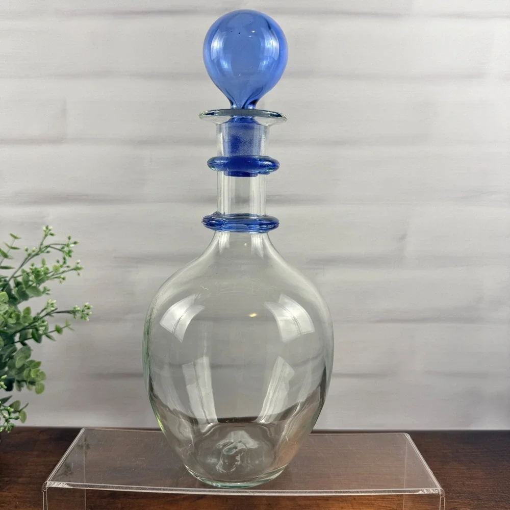 Blenko 3751D Ring Decanter Sky Blue Crystal Glass Ball Stopper
